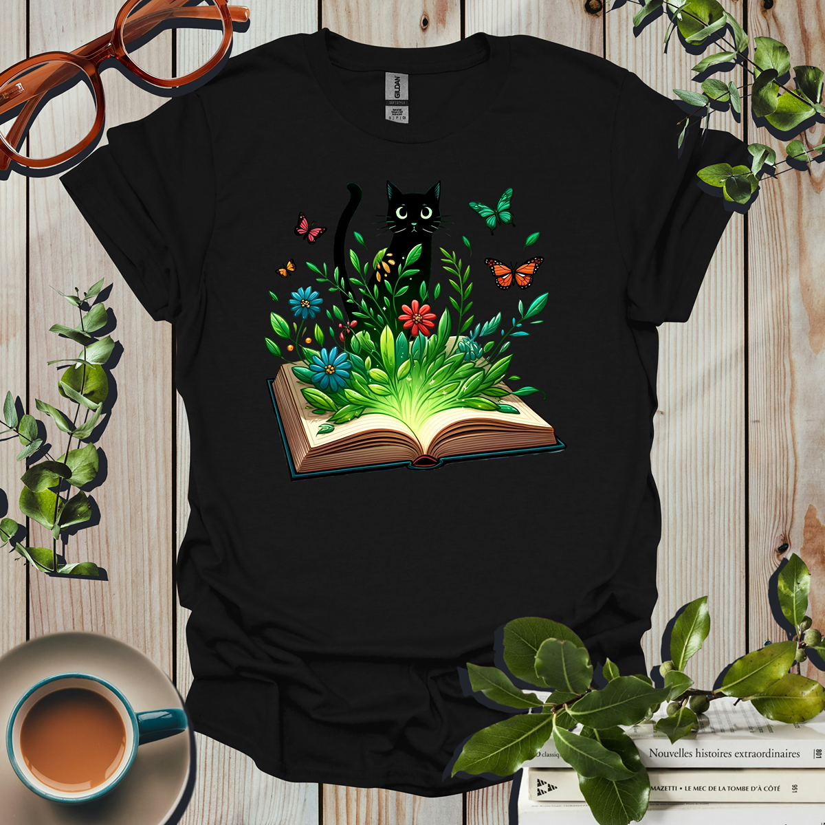 Charming Cat and Floral Book T-Shirt
