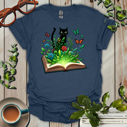 Charming Cat and Floral Book T-Shirt